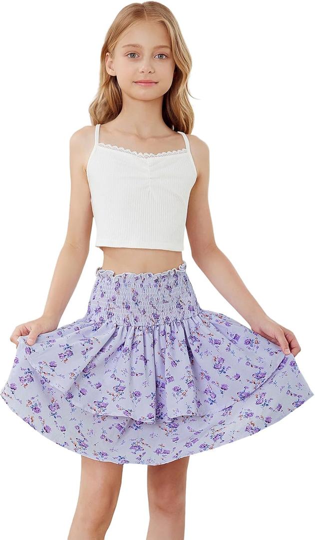 RoseSeek Girl's 2 Piece Outfits Lace Ruched Camisole Tops and Shirred High Waisted Layered Floral Skirts Set (Purple and White)