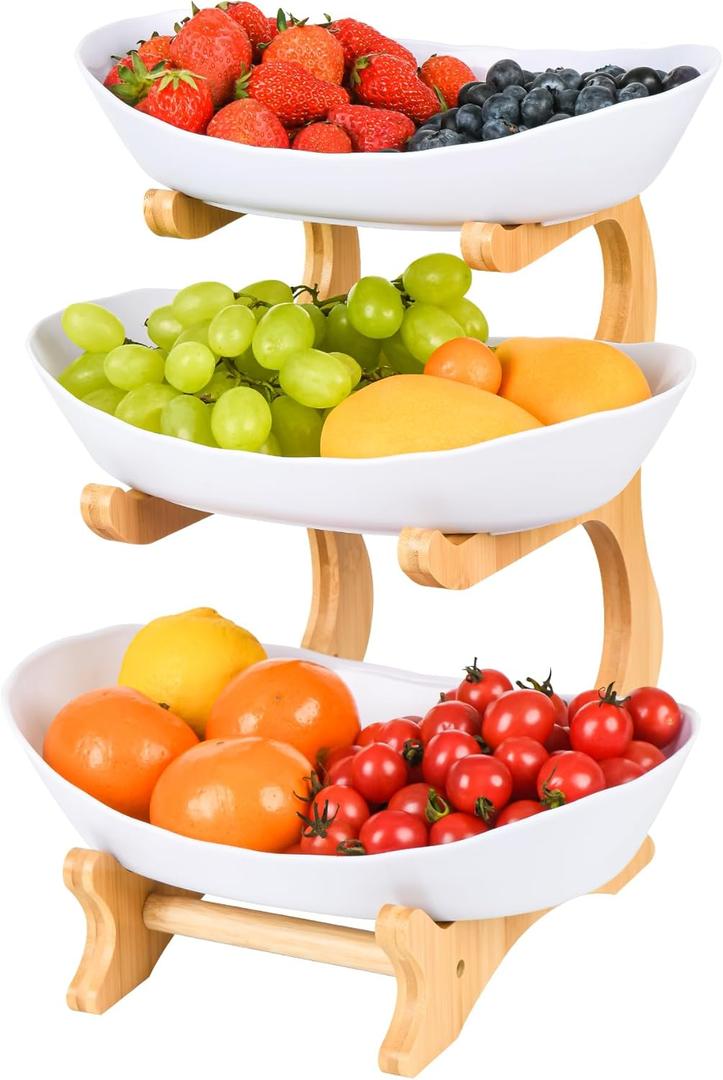 3 Tier Fruit Bowl for Counter, Serving Trays for Party, Fruit Basket Plastic Serving Bowls with Bamboo Stand, Dessert Display Vegetable Storage, Snack, Nuts(White)
