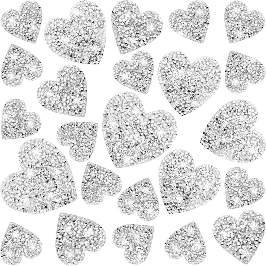 26 Pieces Heart Shape Iron on Patches Heart Rhinestone Patches Silver Adhesive Applique Hot Glue Rhinestone Love Hearts Glitter Crystal Patches for Clothing Jeans Shoes Hats Repair Decoration (4Sizes)