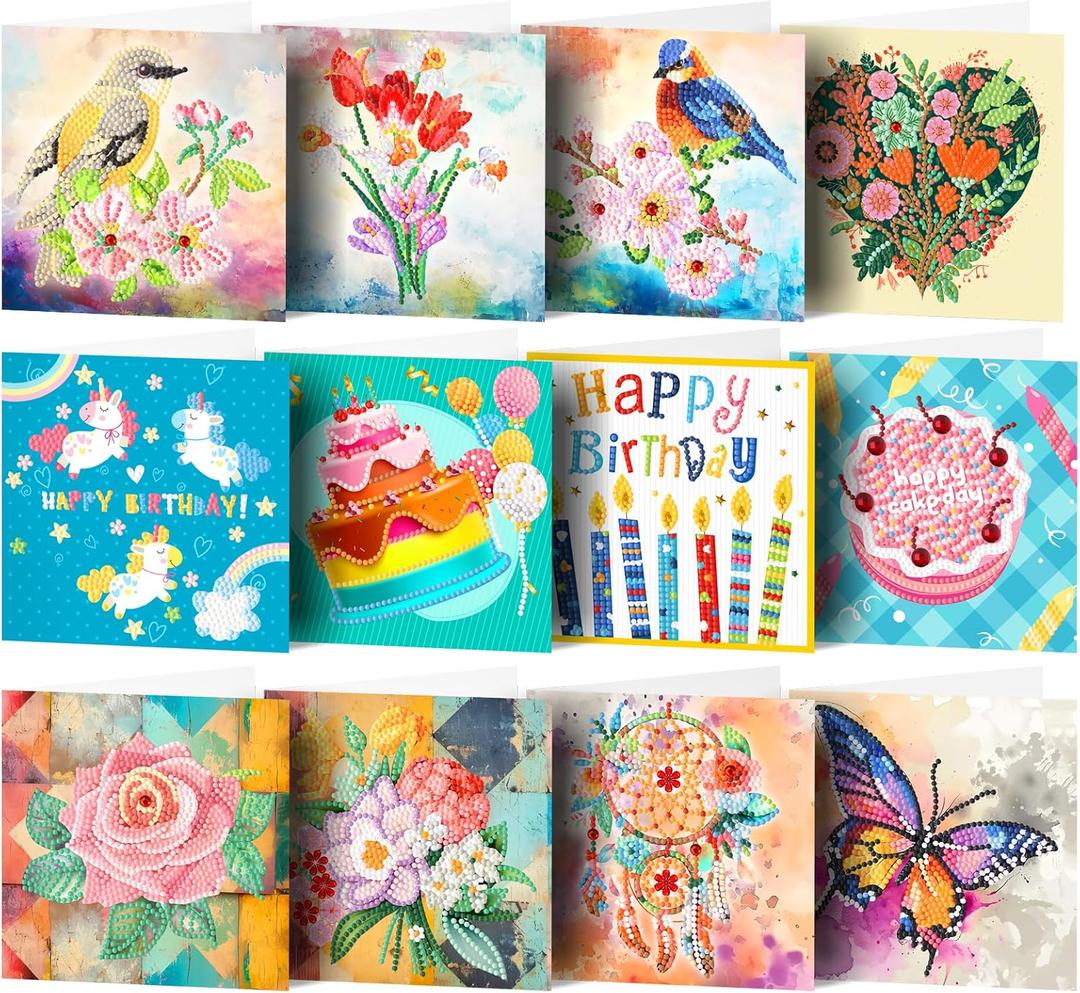 pigpigboss 12 Packs Butterfly Flower Birds Diamond Painting Greeting Cards Kit, Diamond Art Birthday Cards with Envelopes, Diamonds Dots Thank you Cards for Adult Beginner Holiday Blessing