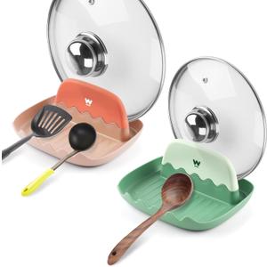 Spoon and Lid Rest - 2 Packs Spoon Rest with Lid Holder, Neat & Drip-Free Spoon Rest for Countertop Stove Top, Heat-Resistant Utensil Rest for Spoons, Pot Lids, Spatulas, Utensils, Forks (pink and green)