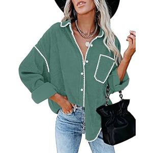 ZESICA Womens Corduroy Shacket Jacket Long Sleeve Button Down Shirt Oversized Blouses Tops with Pockets L