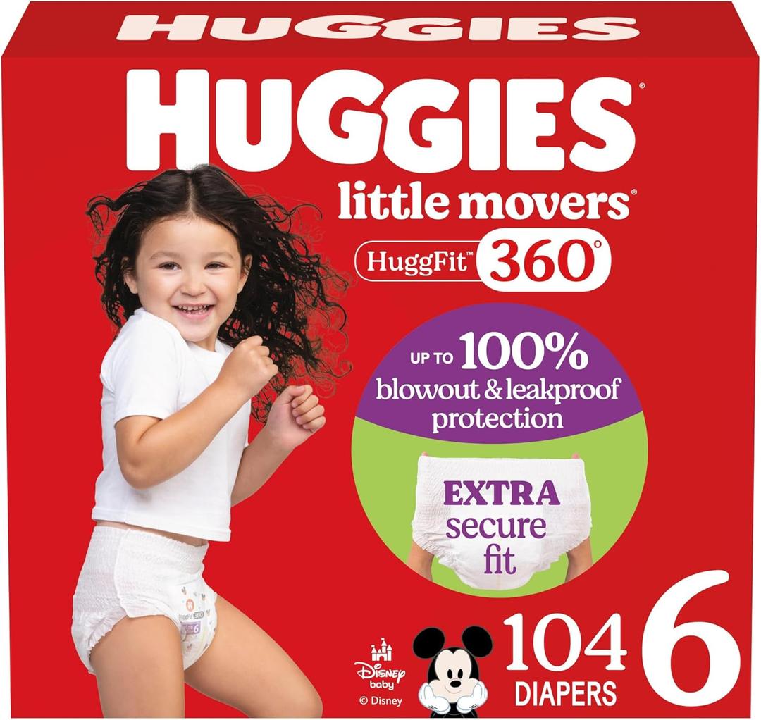 Huggies Size 6 Baby Diapers, Little Movers HuggFit 360 Baby Diapers with 360 Waistband, Size 6 (35+ lbs), 104 Count, Packaging May Vary