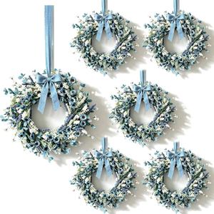 6 Pcs Small Blue Daisy Flower Hanging Wreaths for Cabinets with White Floral Eucalyptus Leaves Lavender Artificial Grains Mini Candle Rings Wreath for Home Front Door Farmhouse Coastal Blue Porch