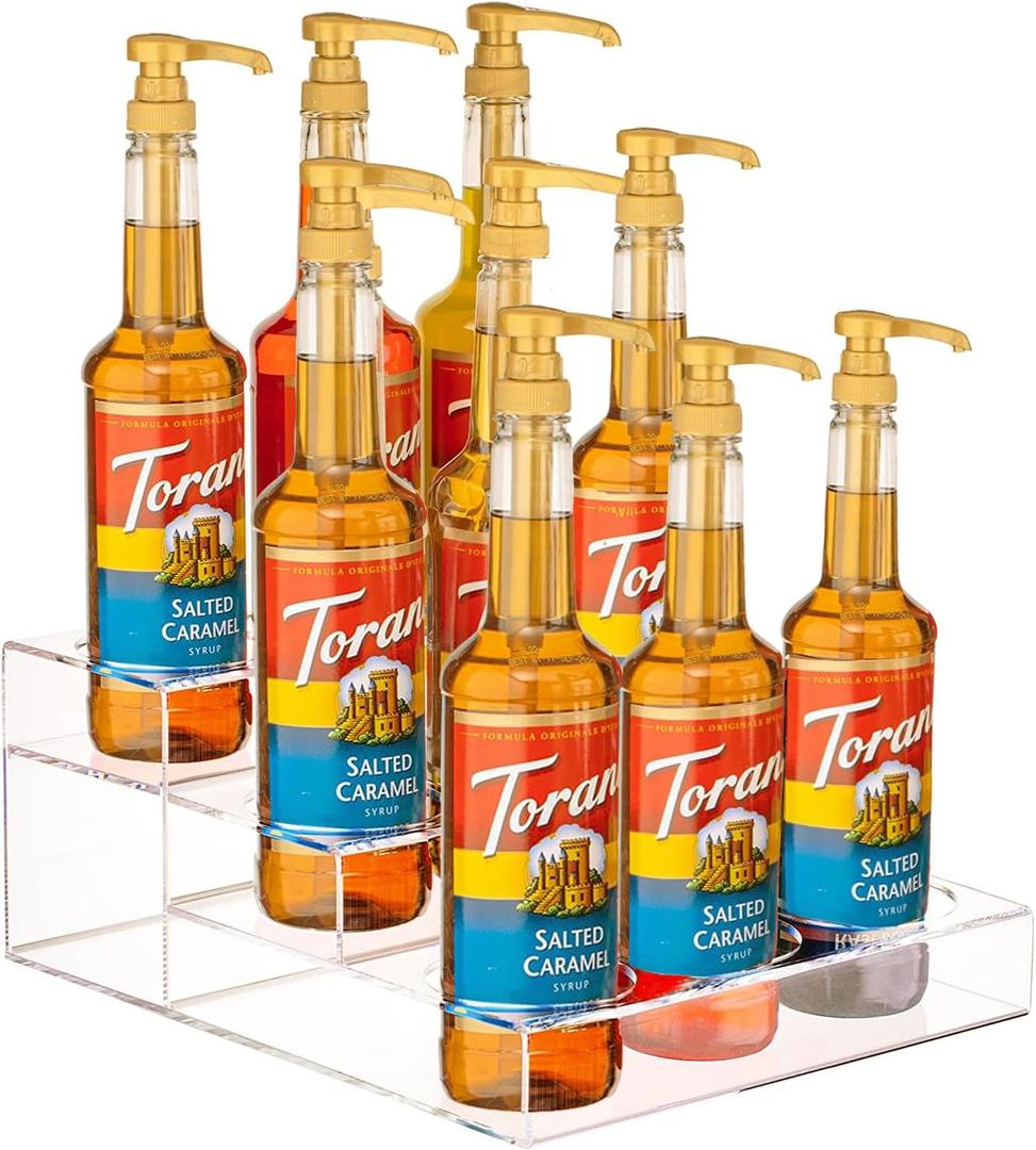 Frcctre 9 Bottles Acrylic Coffee Syrup Organizer Rack, 3 Tier Acrylic Bottle Holder Coffee Syrup Display Stand Shelf Countertop Tiered Storage Holder for Syrups Dressing