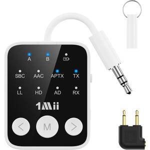 1Mii Bluetooth 5.3 Transmitter Receiver 2-in-1, aptX Adaptive & Low Latency Wireless Audio Adapter for Airplane, Dual Link 2 Devices, 25H Playtime, 3.5mm AUX for TV/Car/Home Stereo/Gym -White