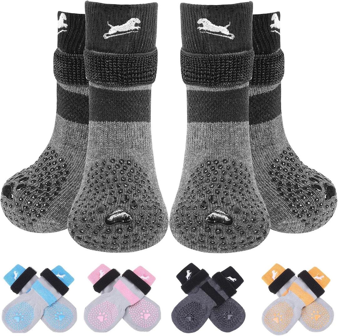 EXPAWLORER Anti Slip Dog Socks to Prevent Licking Paws,Winter Dog Boots & Paw Protectors,Dog Booties for Hardwood Floors with Grippers,Dog Shoes for Hot/Cold Pavement Small Medium Large Senior Dog (Embroidered Black) Size XS