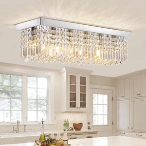 Modern Crystal Chandeliers for Dining Room Light Fixture, 6-Light Rectangle Chandelier Ceiling Light for Kitchen Island Living Room, L31.5 Inch, Chrome Finsh
