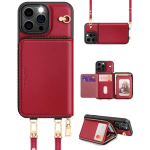 OCASE Compatible with iPhone 16 Pro Max Crossbody Wallet Case with Card Holder, PU Leather Zipper Handbag Phone Purse with RFID Blocking Kickstand Wrist Strap Lanyard 6.9 Inch, Dark Red