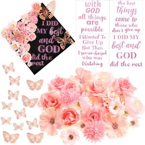 Feifeiya 36 Pcs DIY Graduation Cap Decorations Accessory Kit Include Faux Flower Heads Inspirational Graduation Quotes Glitter Stickers 3D Butterfly for Grad Cap Topper DIY Gift(Pink)