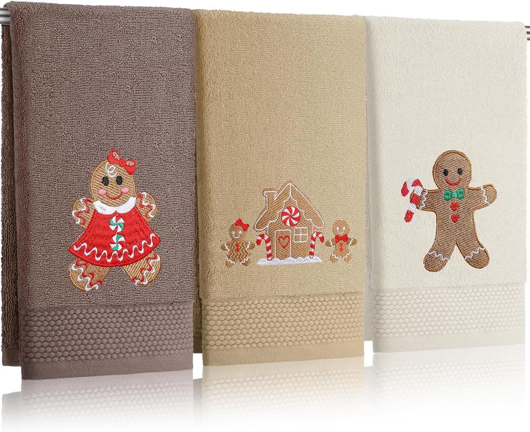 3 Pcs Christmas Gingerbread Man Hand Towels Farmhouse Gingerbread House Embroidered Brown Decorative Towels for Bathroom Kitchen Decor Winter Set, 100% Cotton, 13.4 x 29''