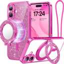 Meifigno Magnetic Case with Removable Phone Ring Stand for iPhone 16 Plus, [Glitter Card & Wrist Strap] [MagSafe Compatible] [Built in Mirror] Magnetic Phone Ring Holder + 16 Plus Case Kit, Hot Pink