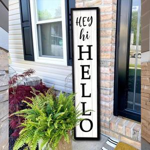 Surfapans Hey Hi Hello Welcome Sign For Front Porch Standing 45"X9" Large Outdoor Tall Wood Frame Vertical Wall Decor Rustic Farmhouse Outside Home Modern Front Door Board Decoration (Black)