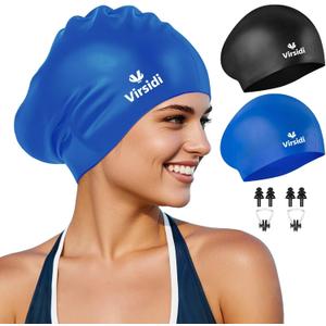 2 Pack Swim Cap for Women Men Adult, Silicone Swimming Caps for Short Long Hair, Waterproof Swim Hats Bathing Caps to Keep Hair Dry with Nose Clip and Earplugs