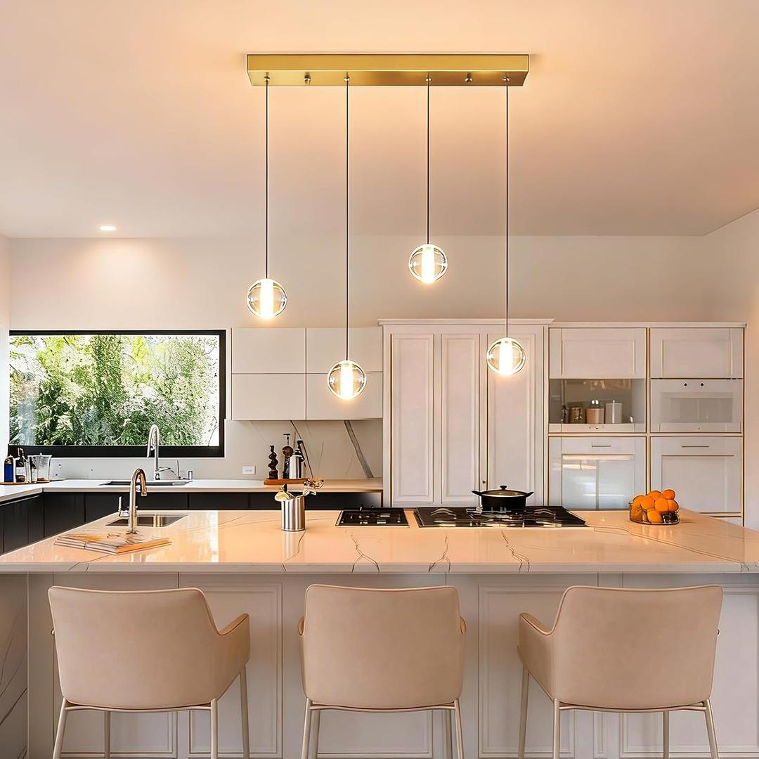 Brushed Gold 4 Lights Pendant Lights Kitchen Island Modern, Crystal Globe Hanging Dining Room Lights Over Table, Rectangular Chandeliers Over Sink for Living Room Hallway Bedroom