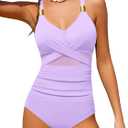 Girls Swimsuit Criss Cross One Piece Swimsuits Wrap Tie Back Sheer Mesh Bathing Suit with Gold Metal Swimwear 9-16Y (17-18 Years, Purple)