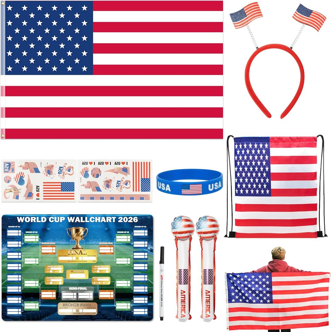 2026 World Cup Merch Soccer Fan Set Includes 10pcs Country Supporter Kit with Flag Headband, 2 Thunder Sticks,Flag,Wristband,Drawstring Bag,Dry Erase Schedule Poster & Pen