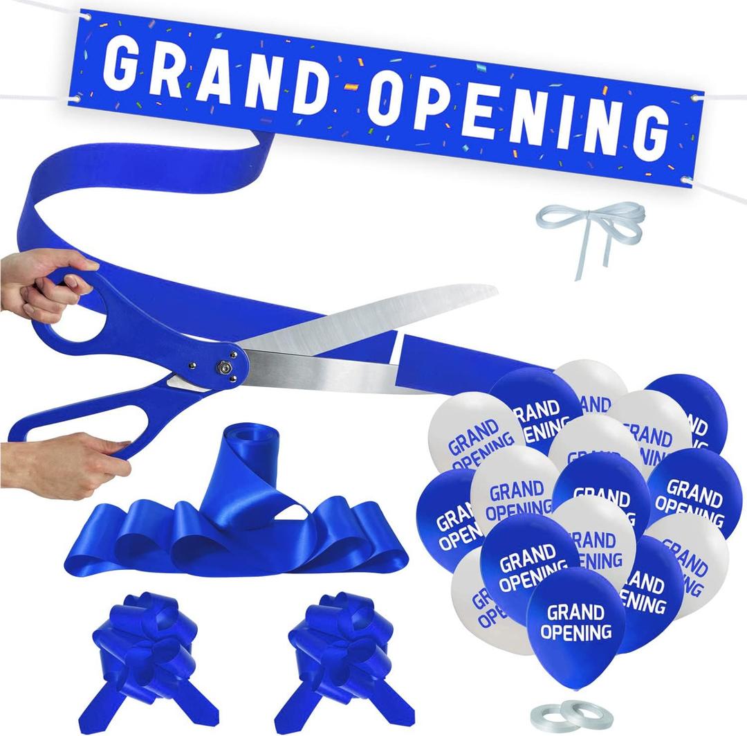 Grand Opening Blue Ribbon Cutting Ceremony Kit - 25" Giant Scissors with Blue Satin Ribbon, Banner, Balloons,Bows and More Supplies Grand Opening Decorations for Business
