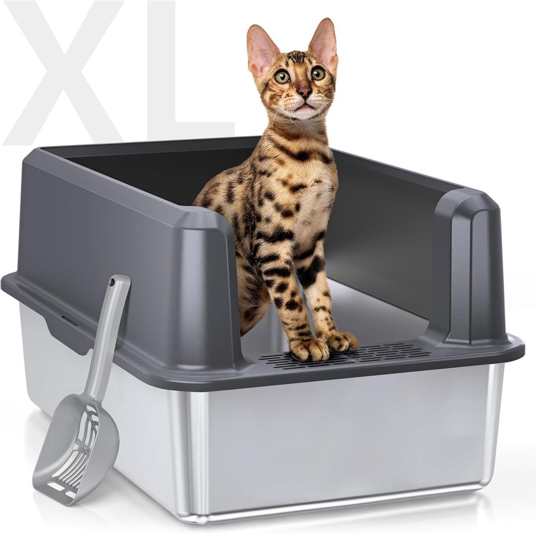 Enclosed Stainless Steel Cat Litter Box with Lid, XL Extra Large Litter Box for Big Cats, Metal Litter Pan High Sided, Never Absorbs Odors, Anti-Urine Leakage, Easy Cleaning, Include Scoop (B--Dark Gray)