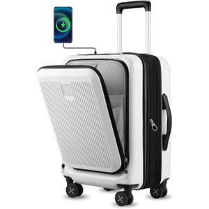Carry on Luggage 22x14x9 Airline Approved, LTB PC Hard Shell Suitcase with Front Pocket, Expandable Luggage with USB Port (FX-Lite, White, 20 Inch, 37L-42L)