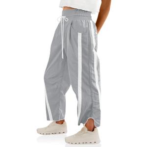 Fisoew Women's Baggy Wide Leg Pants Casual Drawstring Elastic Waisted Contrast Color Workout Y2K Track Pants (Light Grey, S)