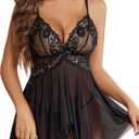 Avidlove Sexy Lingerie for Women V-Neck Lace Babydoll Mesh Chemise Sleepwear Boudoir Outfits (XX-Large, Black)
