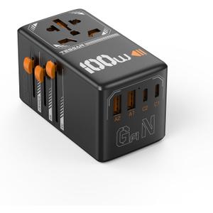 TESSAN Universal Travel Adapter, 100W GaN International Power Adaptor with 4 USB Ports (2 USB C), Worldwide Plug Adapter for US to EU Europe UK AUS France Italy Spain Ireland(Type C G A I), Black