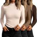Huukeay 3 Pack Women's Ribbed Mock Turtleneck Shirts Cotton Long Sleeve Tops Lettuce Trim Slim Fit Soft Tees for Layering (Medium, Cream, Cookie, Mocha)
