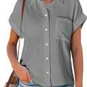 Astylish Women Summer Tops Cotton Short Sleeve Shirt V Neck Button Down Blouse Tunic Tops (Gray, L)