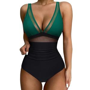 SUUKSESS Women Slimming Tummy Control One Piece Swimsuits Sexy Mesh High Waisted Monokini Bathing Suits (Green Black, XL)