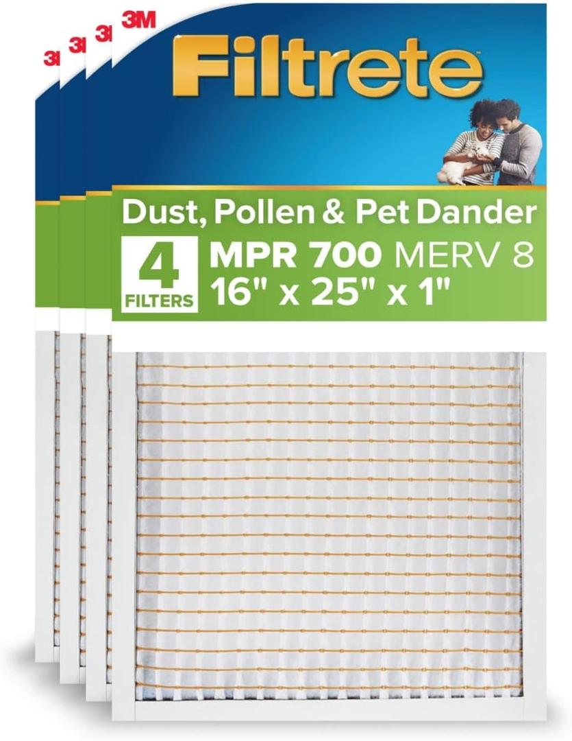 Filtrete 16x25x1 AC Furnace Air Filter, MERV 8, MPR 700, Tough on Pollen, Easy on Airflow, 3-Month Pleated 1-Inch Electrostatic Air Cleaning Filter, 4-Pack (Actual Size 15.69 x 24.69 x 1.56 in)