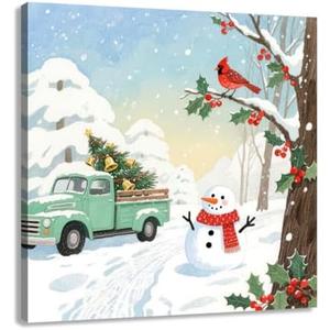 Woxfcart Winter Scene Canvas Wall Art, Christmas Vintage Truck with Tree, Cardinal and Snowman, Holiday Decor, 12 x 12 Inch