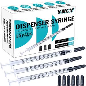 1ml Syringes with Cap, Luer Slip Tip, Whole Pack Bulk Sterile Sealed, No Needle (50 pcs)