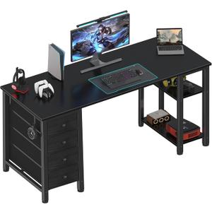 Lufeiya Gaming Desk with 4 Fabric Drawers & Storage Shelves, 63 inch Computer Writing Work Study Desk for Home Office Bedroom, Modern Simple Student PC Desks Table, Black