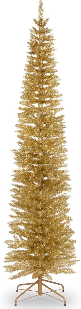 National Tree Company 7 ft Unlit Champagne Gold Tinsel Slim Artificial Christmas Tree, 640 Tips, Includes Stand