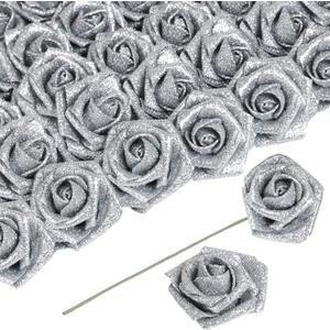 Artificial Flowers 30 PCS Silver Glitter Foam Artificial Flowers with Stem, Glitter Roses Shiny Flowers for DIY Wedding Bouquets Party Home Decor(Silver)