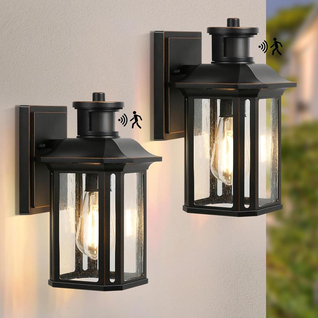 2 Pack Motion Sensor Outdoor Lights, 3 Adjustable Lighting Modes Porch Lights, Dusk to Dawn Exterior Lighting Fixture, Waterproof Outside Wall Lantern Sconce for House, Garage, Front Porch, ETL Listed (Black(Gold Trim))