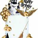 26 PCS Wizard Birthday Party Cake Decorations Set, Happy Birthday Acrylic Cake Topper with Magic Hat, Broom, Castle, Wings, Stars, Balls