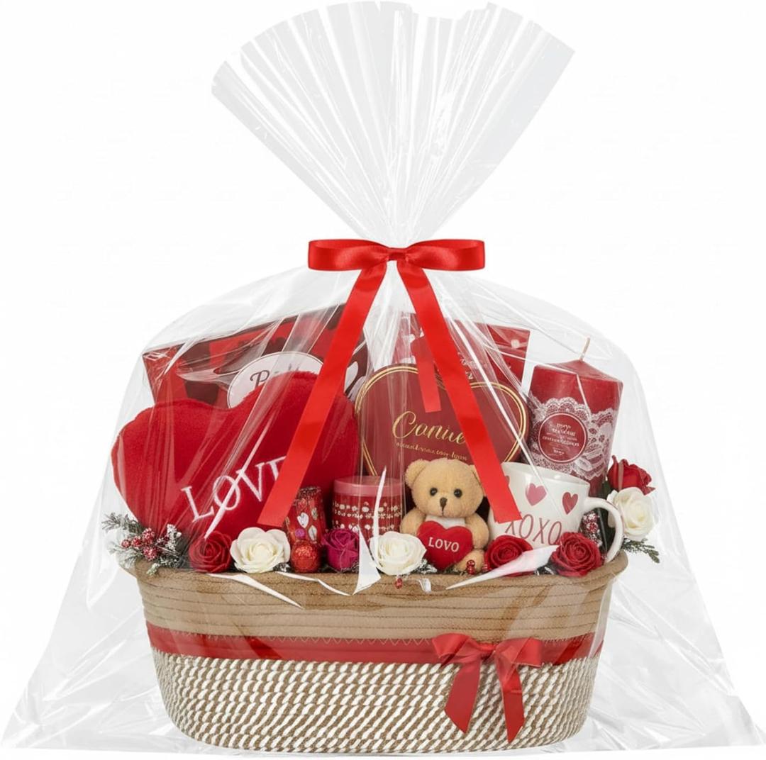 Easter Woven Large Gift Basket Empty with Ribbons Bow Tie and Bag, Easter Empty Decorative Chest Box, Woven Rope Storage with Handles Home Decor(14 x 10 x 5.5 Inch,Brown Red)