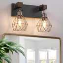 Farmhouse Bathroom Vanity Light Fixtures, 2-Light Wood Bathroom Light Fixtures Over Mirror, Rustic Sconces Wall Lighting with Elegant Metal Lampshade for Living Room, Bedroom, Hallway (Black Gold)