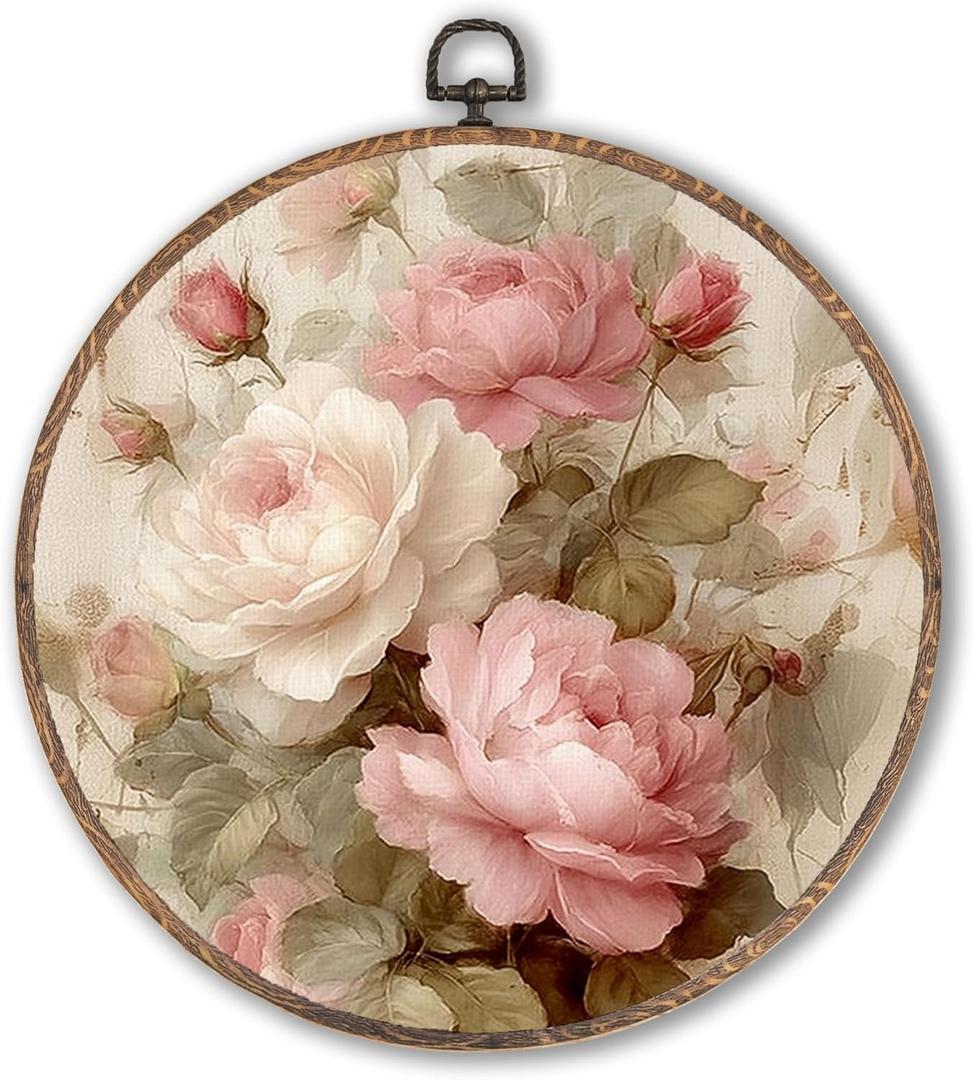 Vintage Pink Rose Round Wall Art Framed, Vintage Floral Wall Decor, Shabby Chic Pink Rose Hanging Canvas Prints Wall Sculptures for Cottagecore Home Living Room Bedroom Decor, 10x10 Inch