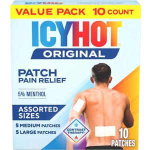 Icy Hot Original Pain Relief Patch Variety Pack with 5% Cooling Menthol for Fast-Acting Muscle and Joint Pain Relief, 5 Medium and 5 Large Comfortable Fabric Patches, 10 Ct.