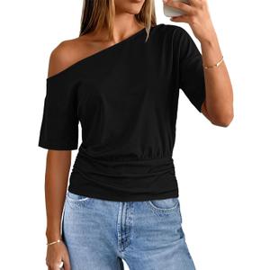 MEROKEETY Women's Off The Shoulder Short Sleeve Tops 2026 Summer Casual Going Out Trendy Y2k T Shirts (Black, XL)