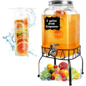 2 Gallon Glass Beverage Dispenser Jars, Ice Juice Dispenser with Stainless Steel Faucet and Metal Stand for Parties & Wedding (1 Pack Jar)