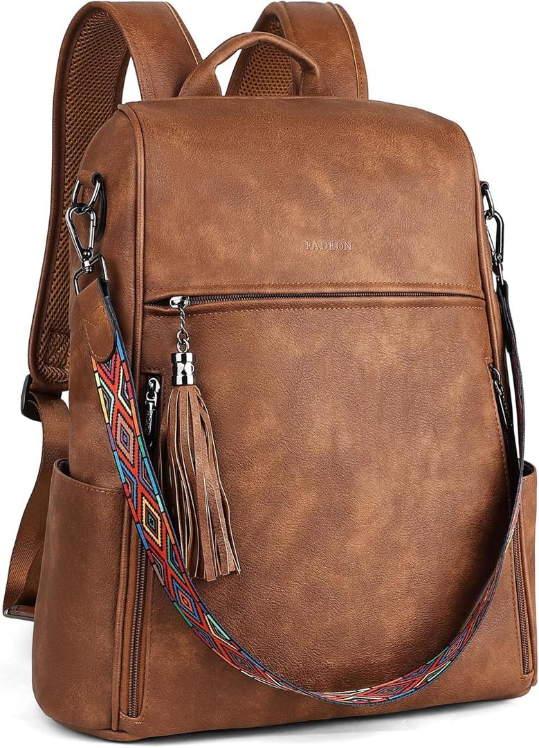 FADEON Leather Laptop Backpack for Women Designer 15.6 inch PU Laptop Bag, Ladies Travel Computer Work Backpack Brown