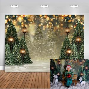 Mocsicka 7x5ft Winter Christmas Backdrop for Photography Christmas Glitter Bokeh Green Pine Tree Lamps Photo Backdrop Xmas Family Pictures for Kids Newborn Photography Background
