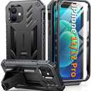 FNTCASE for iPhone 12 Phone Case: for iPhone 12 Pro Phone Case Military Grade Drop Proof Rugged Protective Cover with Kickstand | Matte Textured Shockproof TPU Hybrid Bumper Cases 6.1 inch - Black