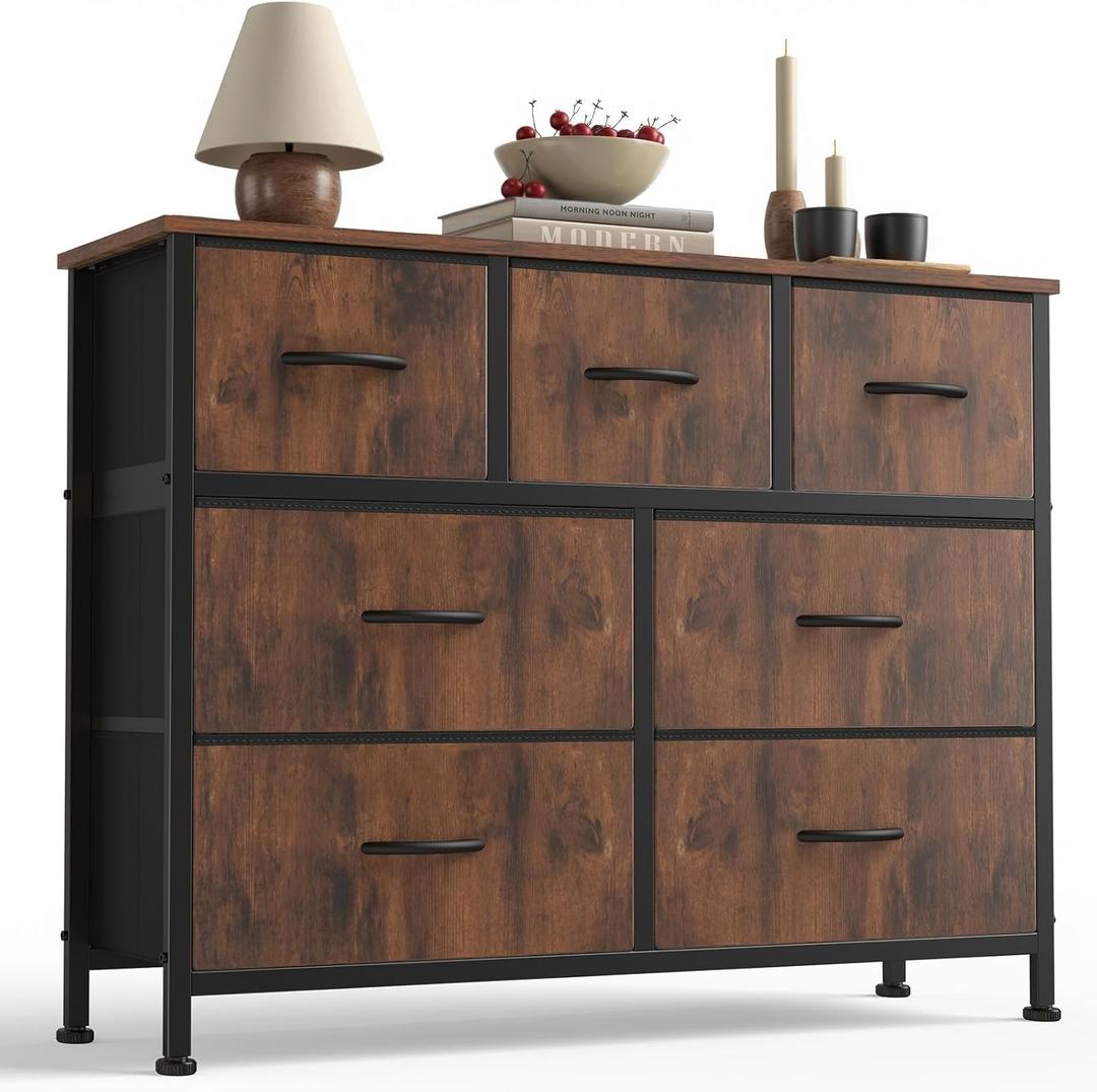 Sweetcrispy 7 Drawer Dresser with Fabric Bins Fabric Storage Tower Organizer for Bedroom Closet Hallway Entryway Tall Chest of Drawers with Steel Frame Wood Top Easy Pull Handles,Rustic Brown, 11.8"D x 39.3"W x 30.3"H