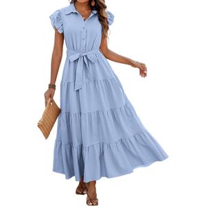 dowerme Ladies Dress 2025 Ruffle Cap Sleeve Button Down V Neck Tie Waist Plain Pleated Tiered Boho Flowy A-Line Dresses(Sky Blue, Small)
