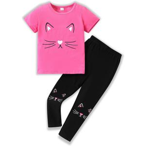 7-8T Toddler Girl Clothes Cat face print Short Sleeve Top+Pants Outfits Girl Spring and summer 2-Piece Set